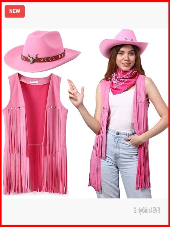 Western Cowgirl Fringe Vest Hat Bandana Set Faux Suede Adjustable main image 5